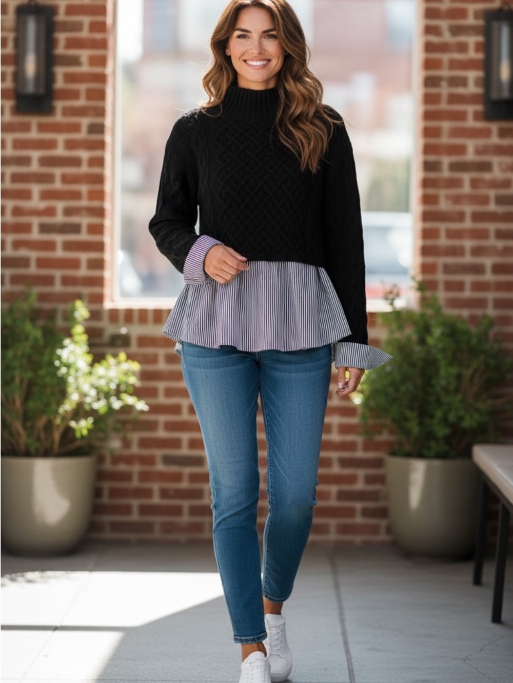 Anthropologie Maeve Navy Blur Chunky Knit Sweater w/ White & Blue stripe blouse